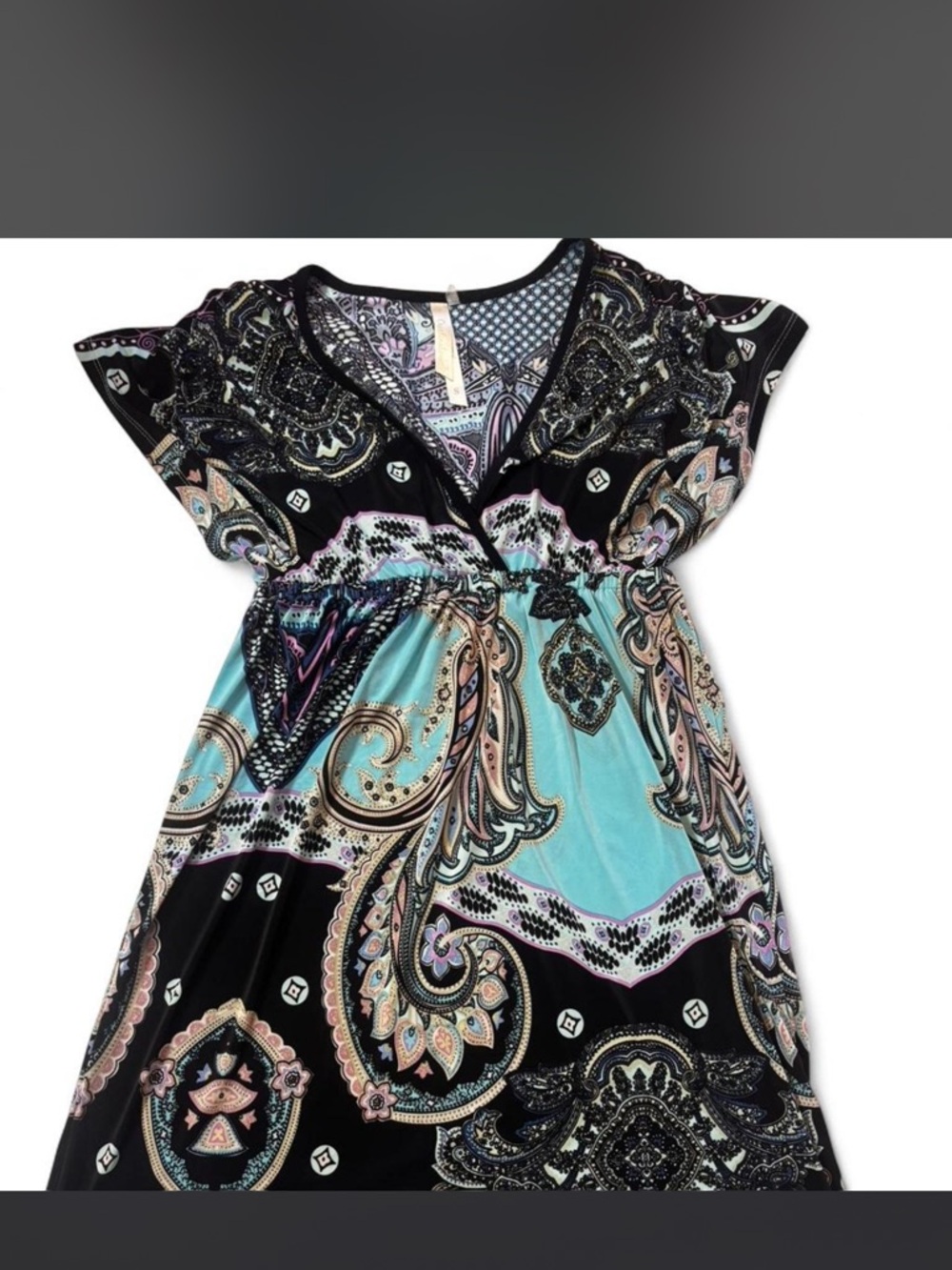 Y2K Cristinalove Paisley Print V-Neck Dress in Black, Pink & Aqua